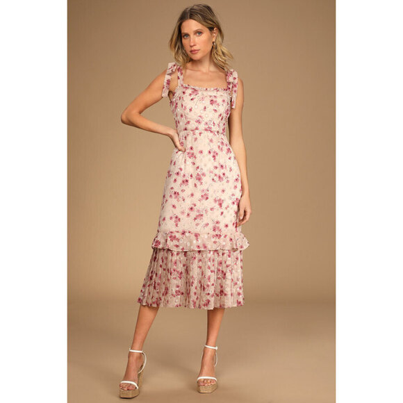 Lulus Terrace Views Taupe/ Pink Floral Print Tiered Midi w Tying Shoulder Straps - Picture 1 of 14